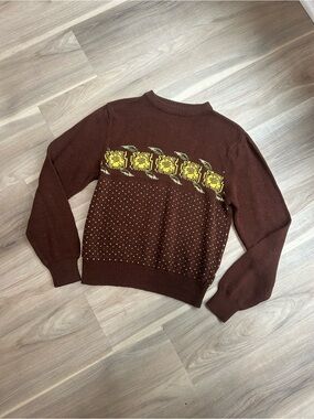 Twee vintage Brown Knit Sweater with Yellow Fair Isle Lemon Detail
